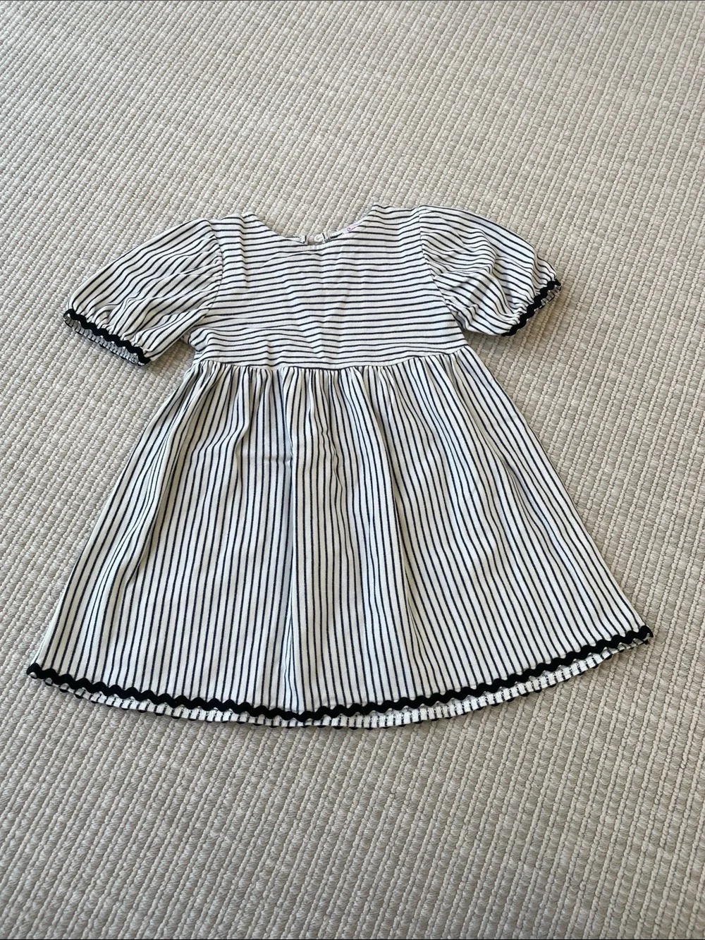 Black & White Striped Puff-Sleeve Dress for Girls